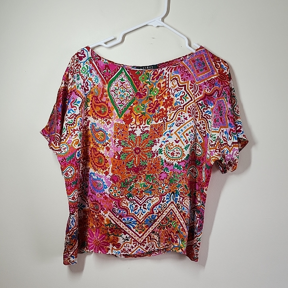 Lauren Ralph Lauren 100 Percent Silk Colorful Paisley Patterned Women Top Large